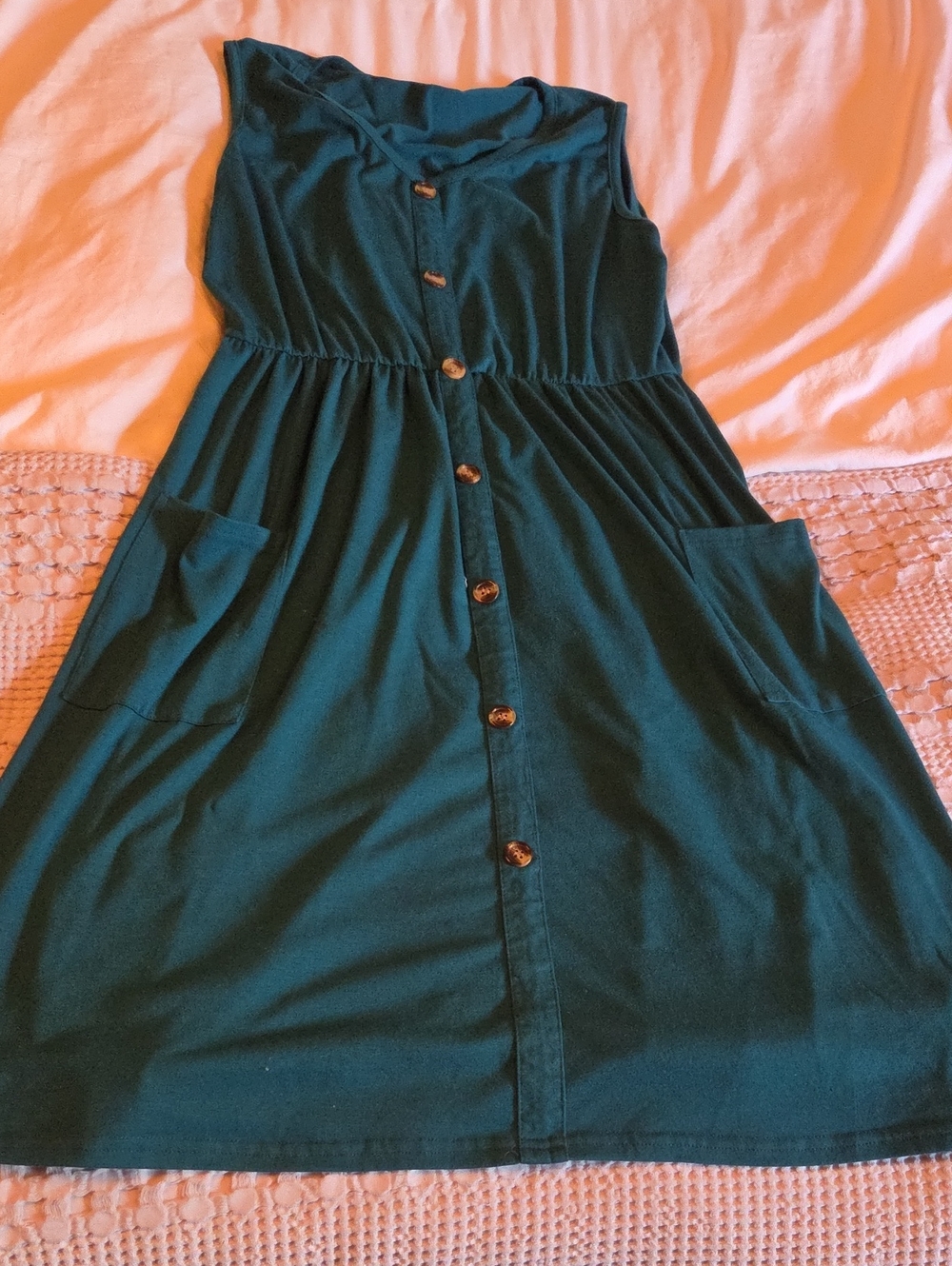 Amazon Teal Button-Front Sleeveless Dress with Pockets